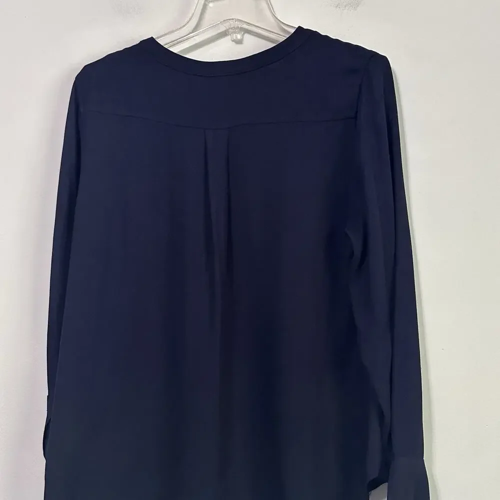 J Crew Drapey Henley Tunic Top‎ Popover Blouse 12 Navy Blue Work Long Sleeve